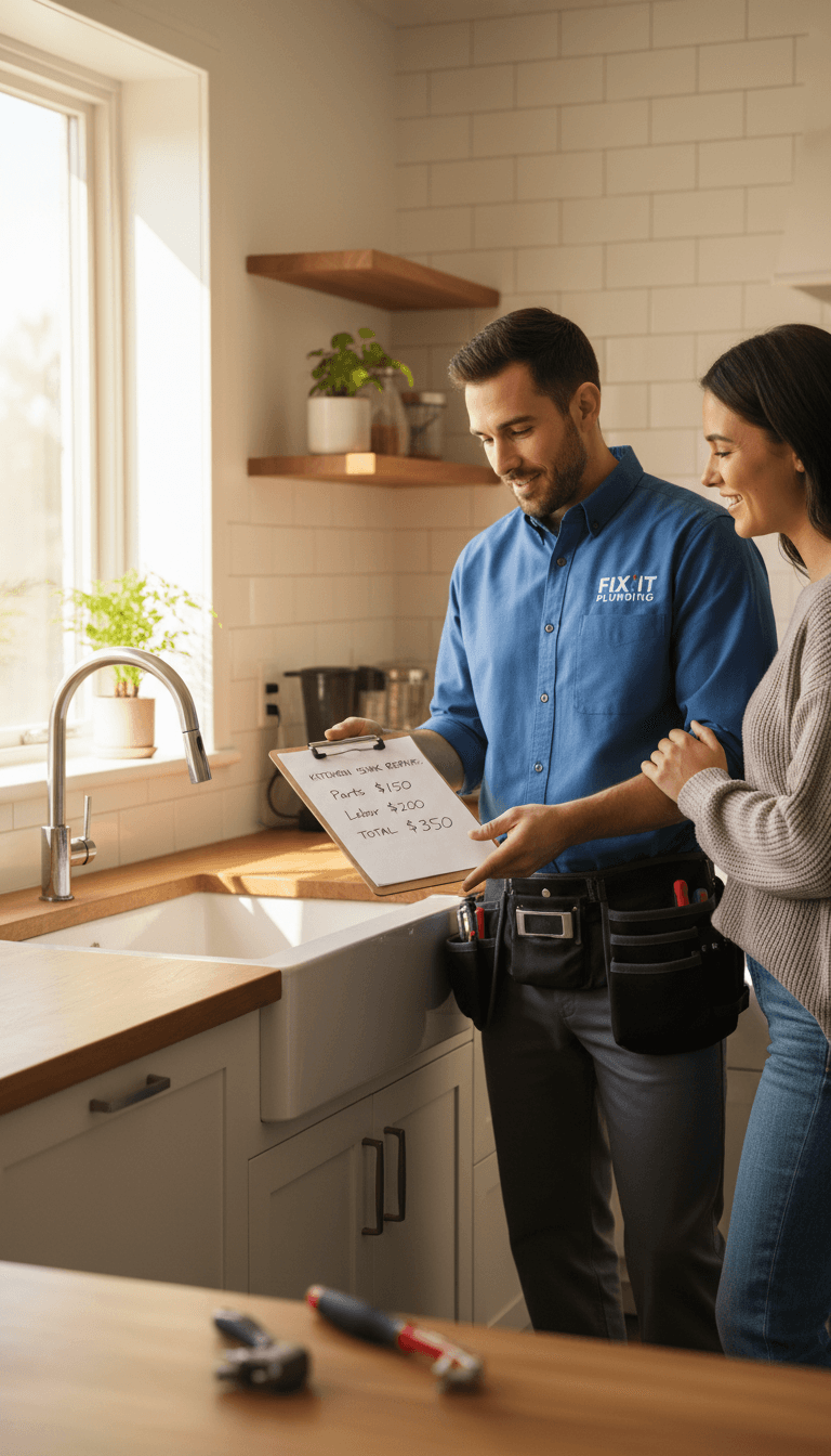 Plumber and homeowner reviewing work in kitchen