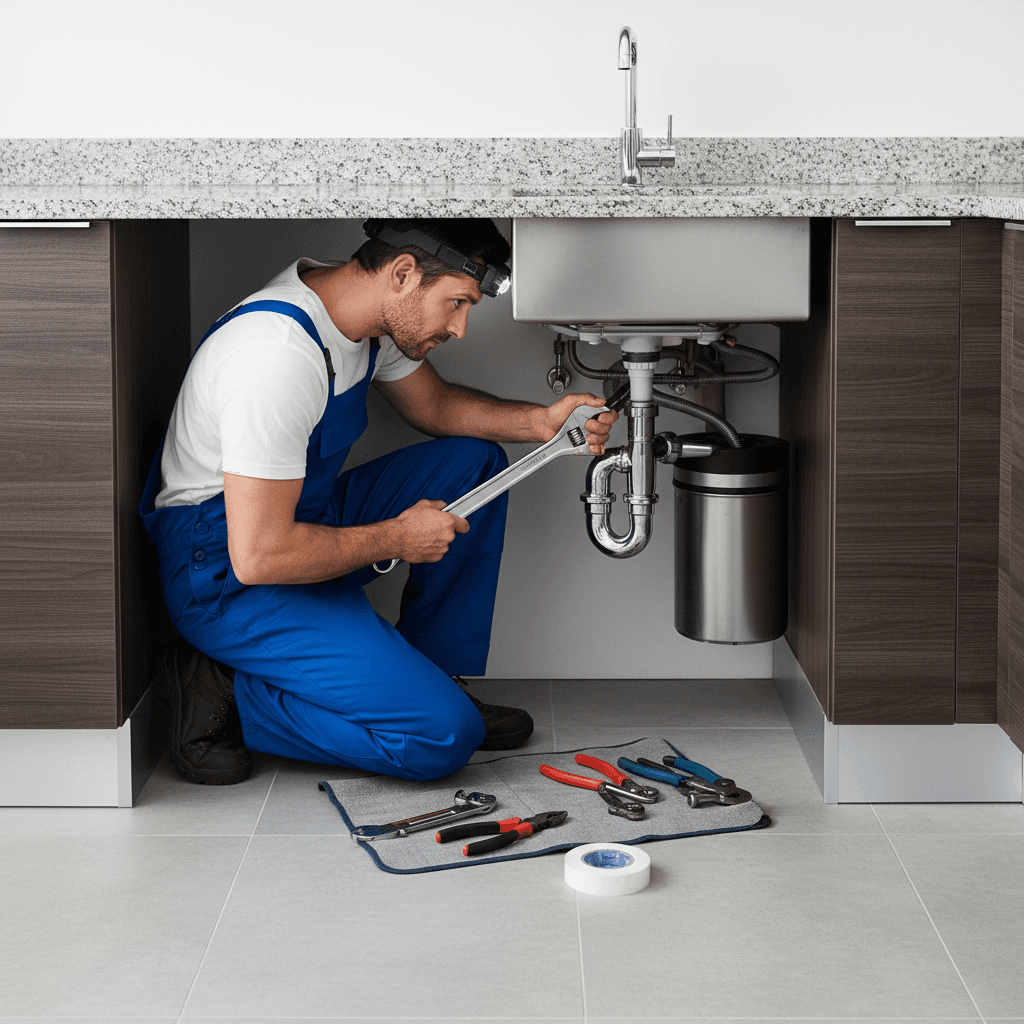 Plumber repairing a sink pipe under a modern kitchen sink with a wrench