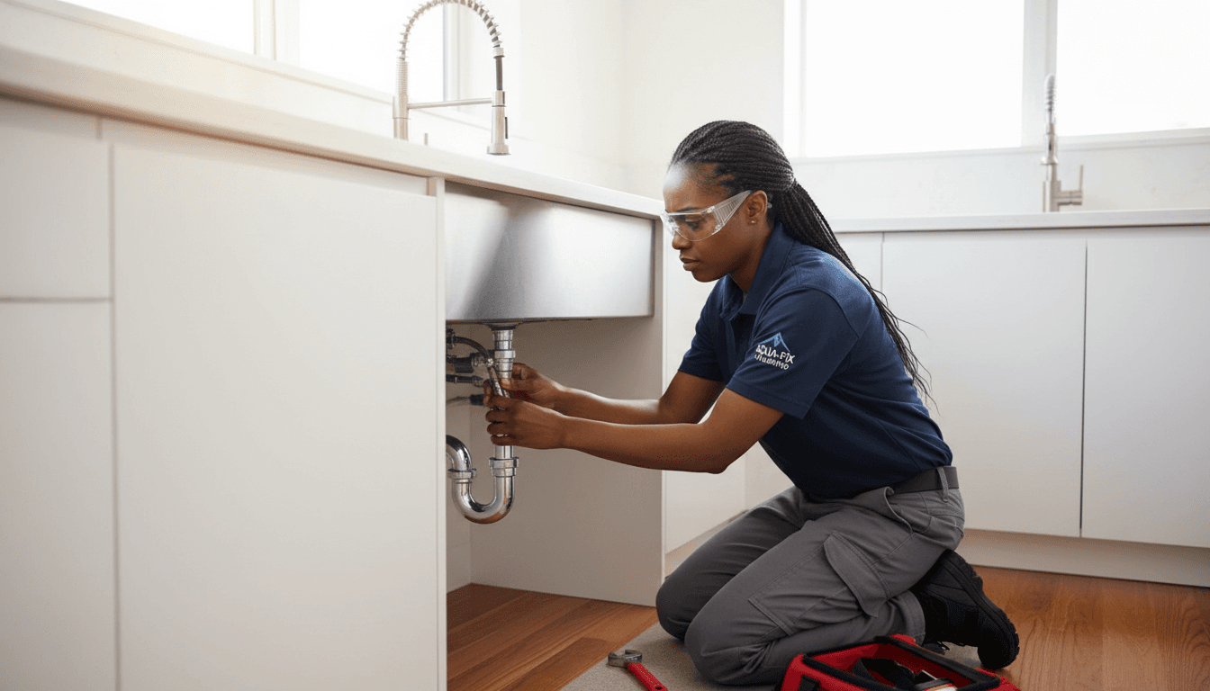Plumber working on pipes under a sink in a bright kitchen