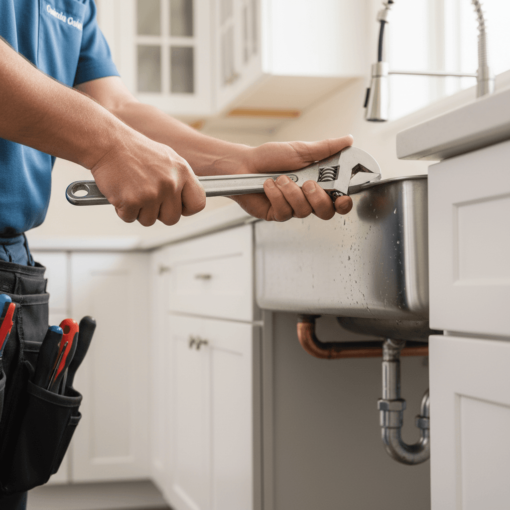 Professional plumber repairing a pipe under a sink