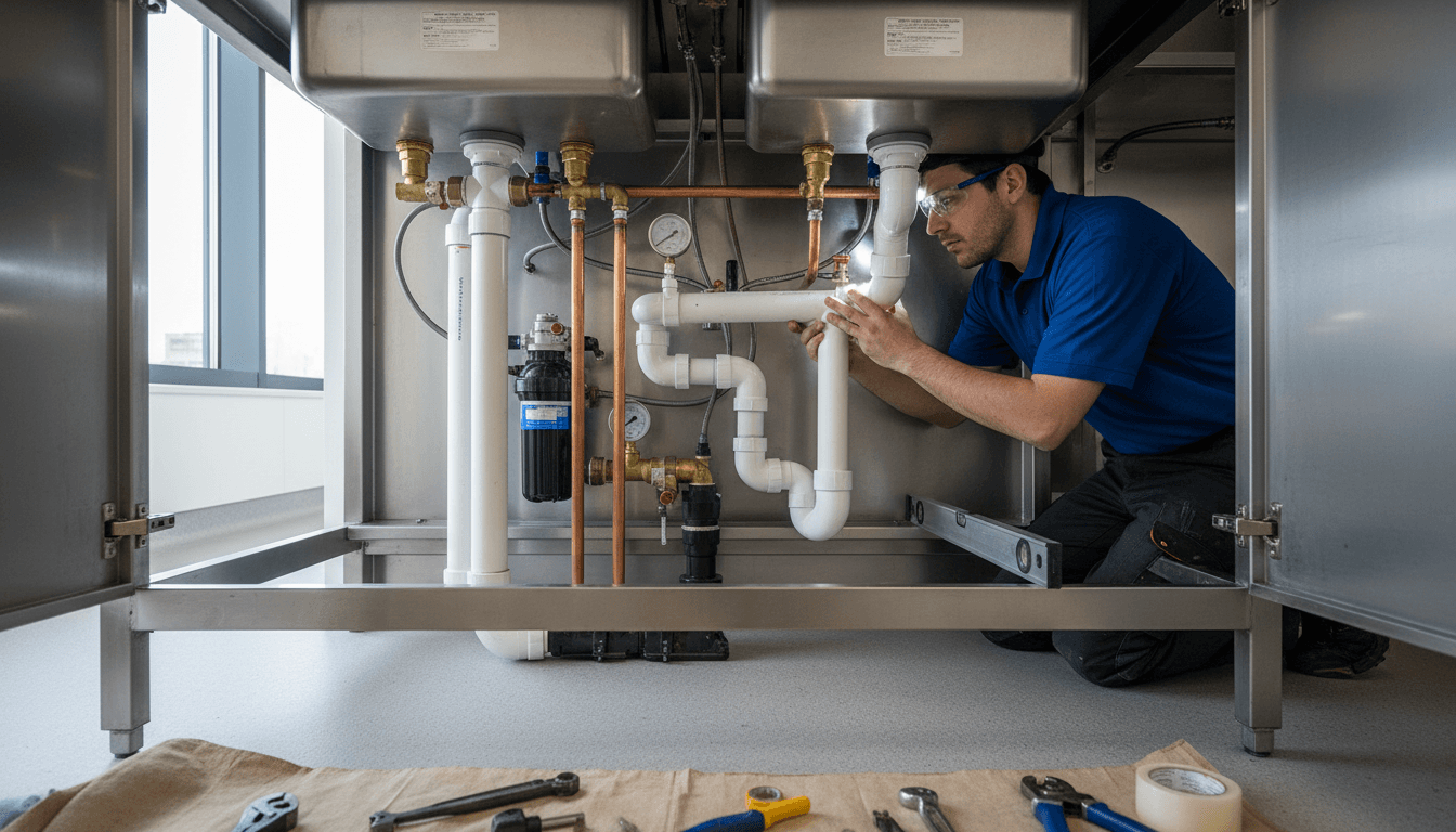 Commercial plumbing installation in a restaurant kitchen